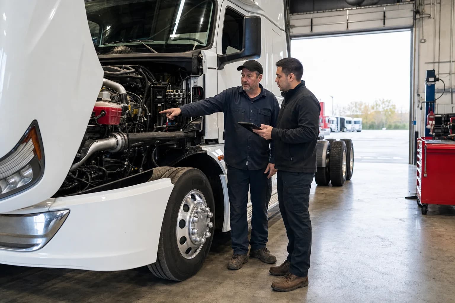 Costo Trucking Kimberling City technician and buyer inspecting a truck engine